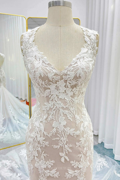 Wedding Dresses 2025 to impress Champagne Lace Sheath Wedding Dresses with Removable Extra Long Sleeve & V-Neck - MQ031S-vigocouture-vigocouture