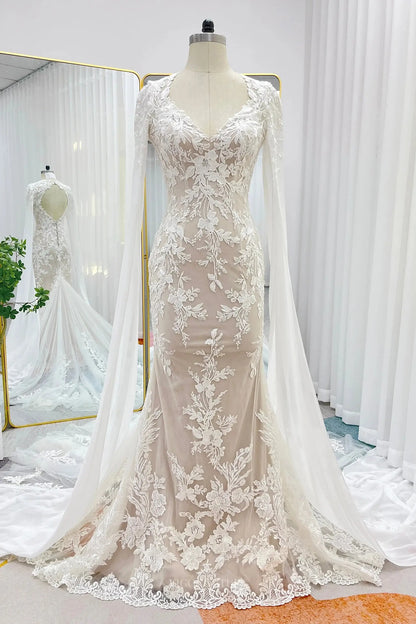 Wedding Dresses 2025 to impress Champagne Lace Sheath Wedding Dresses with Removable Extra Long Sleeve & V-Neck - MQ031S-vigocouture-Champagne-Custom Size-vigocouture