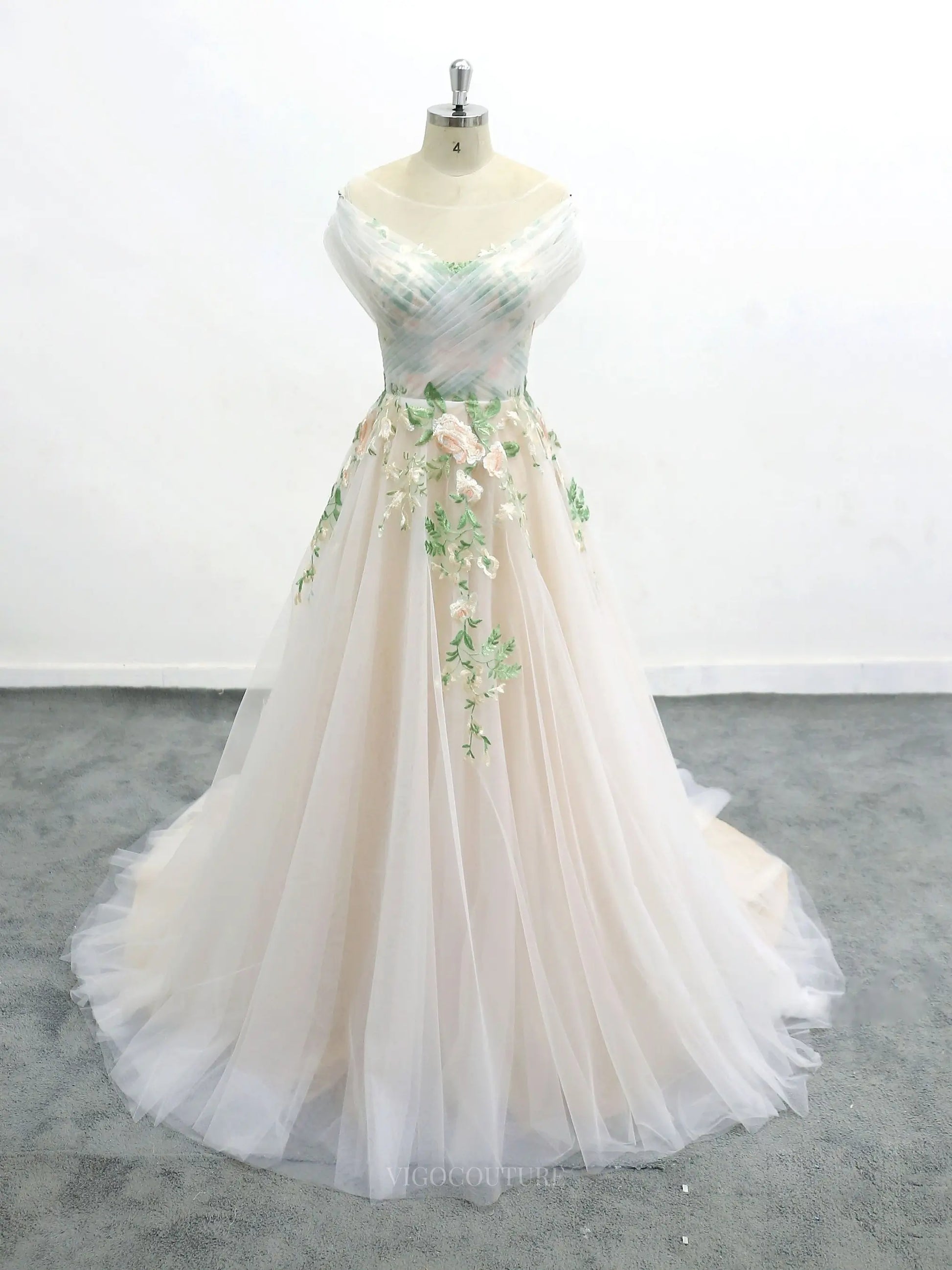 Champagne Lace Tulle Wedding Dresses with Boat Neck, Chapel Train & Crossed Pleated Bodice - MQ012 Custom Colors / US2 Champagne Lace Tulle Wedding Dresses with Boat Neck, Chapel Train & Crossed Pleated Bodice - MQ012 Custom Colors / US2