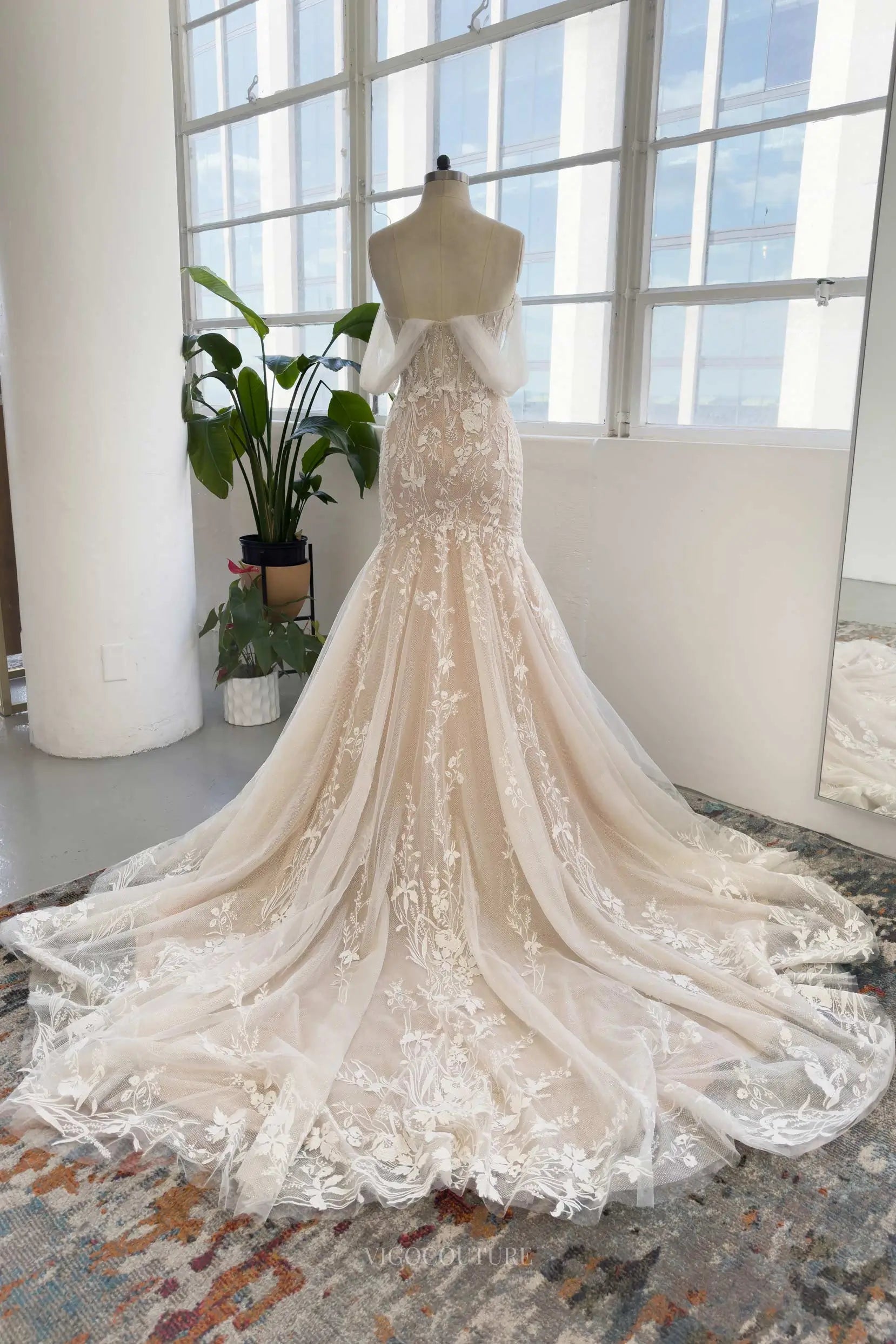Champagne Off The Shoulder Lace Mermaid Wedding Dress with Sweetheart Neckline & Chapel Train - MQ046 Custom Colors / 26W Champagne Off The Shoulder Lace Mermaid Wedding Dress with Sweetheart Neckline & Chapel Train - MQ046 Custom Colors / 26W