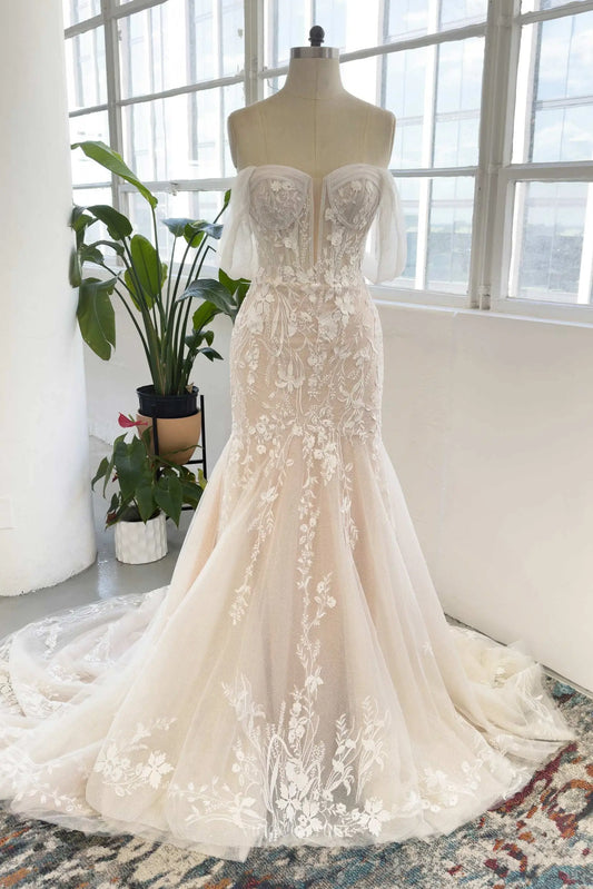 Wedding Dresses 2025 to impress Champagne Off the Shoulder Lace Mermaid Wedding Dress with Sweetheart Neckline & Chapel Train - MQ046-vigocouture-Champagne-Custom Size-vigocouture