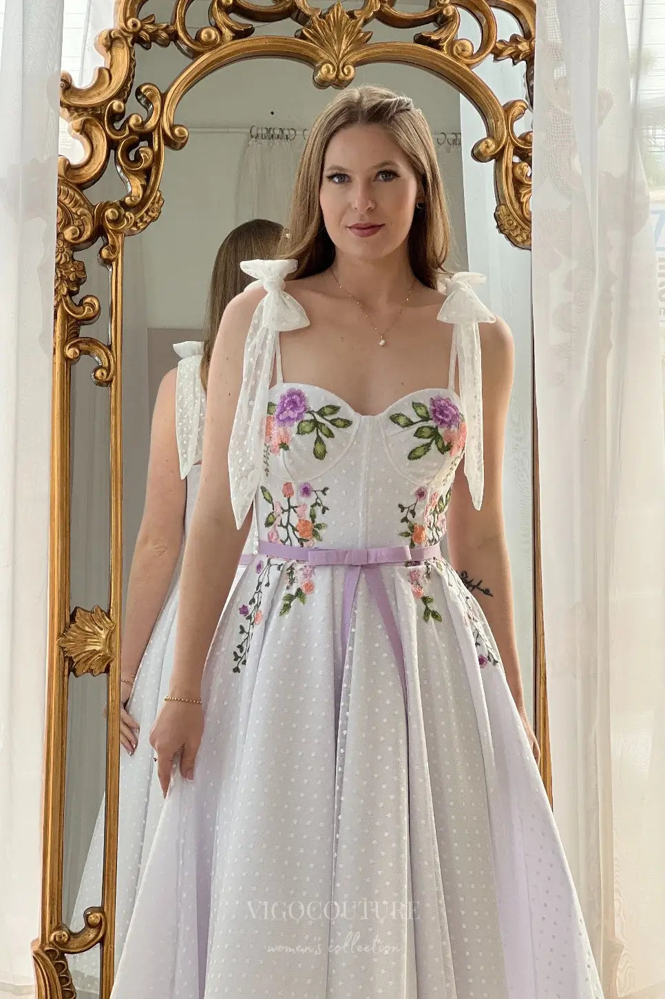 Wedding Dresses 2025 to impress Charming Floral Embroidered Midi Wedding Dress with Sweetheart Bodice, Dotted Tulle & Lavender Ribbon Waist – W2634-vigocouture-vigocouture