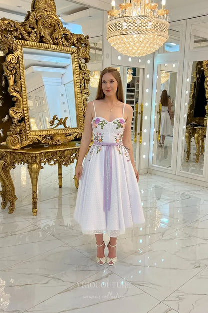 Wedding Dresses 2025 to impress Charming Floral Embroidered Midi Wedding Dress with Sweetheart Bodice, Dotted Tulle & Lavender Ribbon Waist – W2634-vigocouture-vigocouture