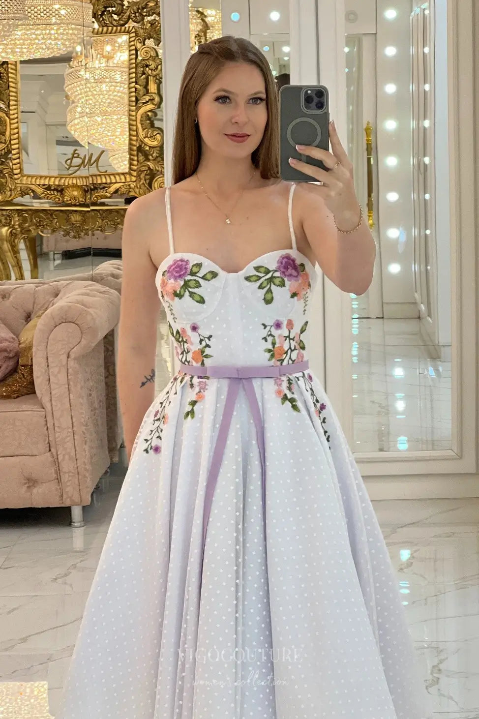 Wedding Dresses 2025 to impress Charming Floral Embroidered Midi Wedding Dress with Sweetheart Bodice, Dotted Tulle & Lavender Ribbon Waist – W2634-vigocouture-vigocouture