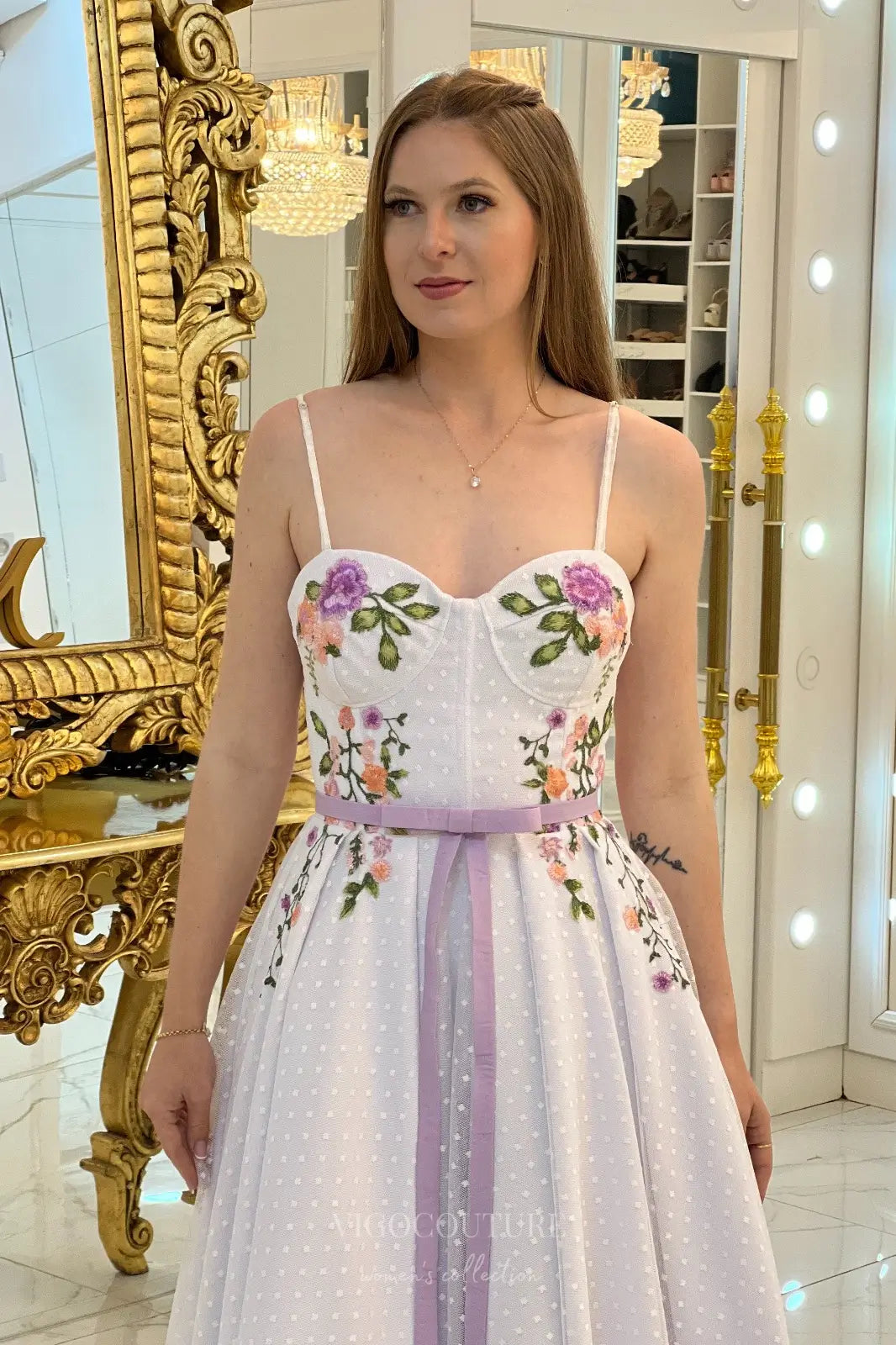 Wedding Dresses 2025 to impress Charming Floral Embroidered Midi Wedding Dress with Sweetheart Bodice, Dotted Tulle & Lavender Ribbon Waist – W2634-vigocouture-vigocouture