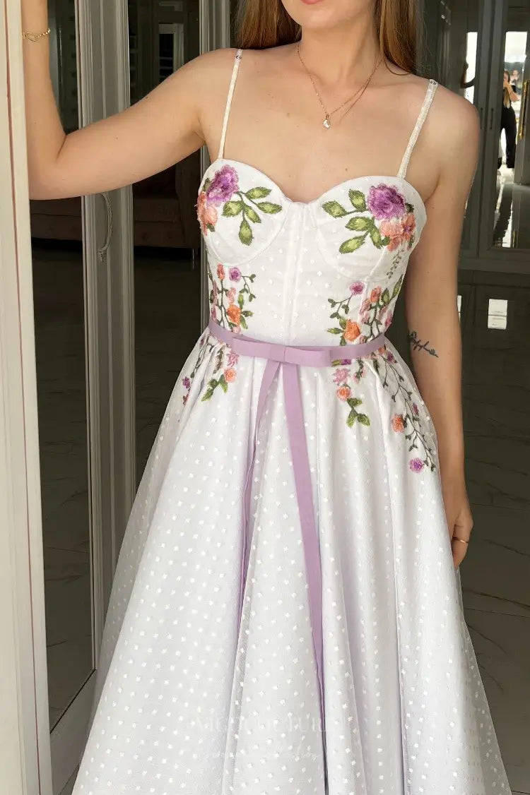 Wedding Dresses 2025 to impress Charming Floral Embroidered Midi Wedding Dress with Sweetheart Bodice, Dotted Tulle & Lavender Ribbon Waist – W2634-vigocouture-vigocouture