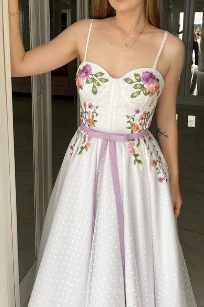 Wedding Dresses 2025 to impress Charming Floral Embroidered Midi Wedding Dress with Sweetheart Bodice, Dotted Tulle & Lavender Ribbon Waist – W2634-vigocouture-vigocouture