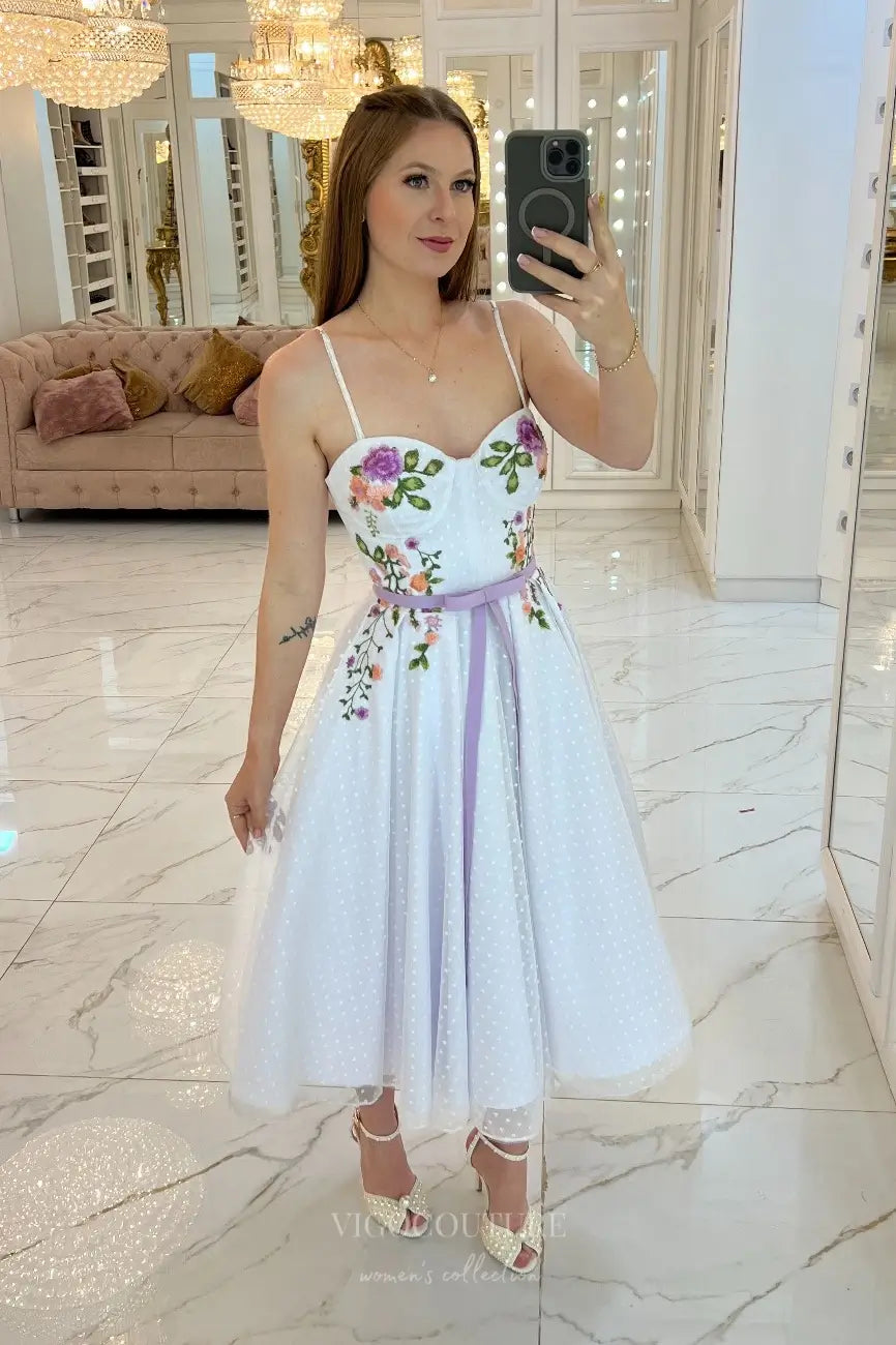 Wedding Dresses 2025 to impress Charming Floral Embroidered Midi Wedding Dress with Sweetheart Bodice, Dotted Tulle & Lavender Ribbon Waist – W2634-vigocouture-vigocouture
