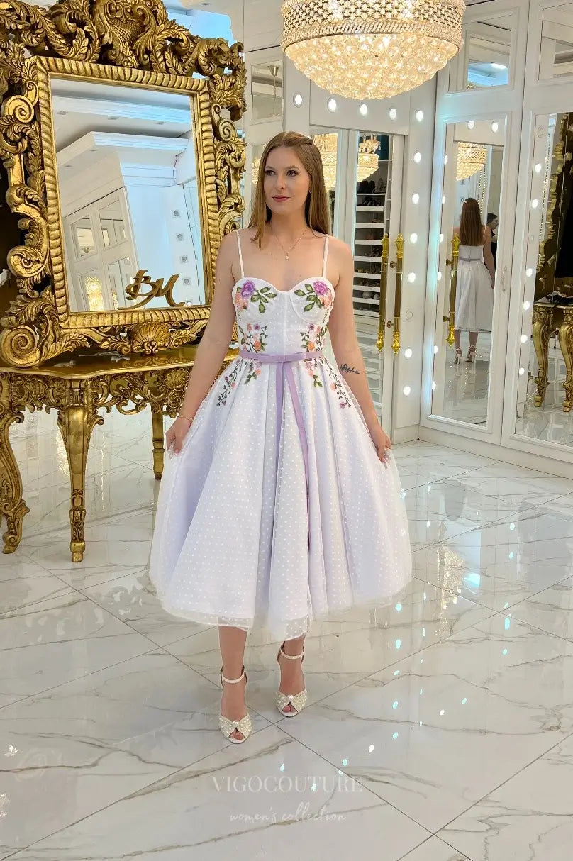 Charming Floral Embroidered Midi Wedding Dress with Sweetheart Bodice, Dotted Tulle & Lavender Ribbon Waist – W2634
