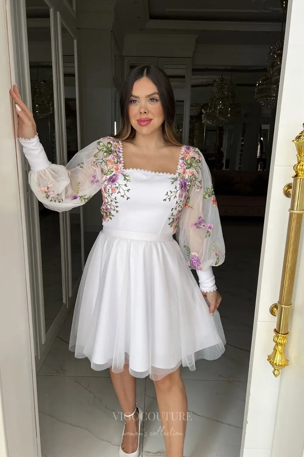 Wedding Dresses 2025 to impress Charming Floral Embroidered Short Wedding Dress with Square Neckline & Sheer Long Sleeves – W2624-vigocouture-vigocouture