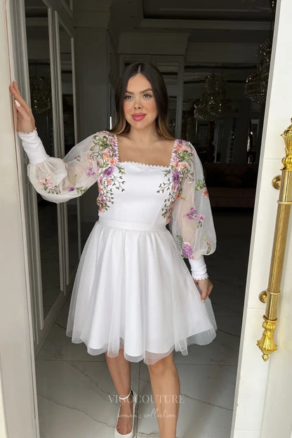 Wedding Dresses 2025 to impress Charming Floral Embroidered Short Wedding Dress with Square Neckline & Sheer Long Sleeves – W2624-vigocouture-vigocouture