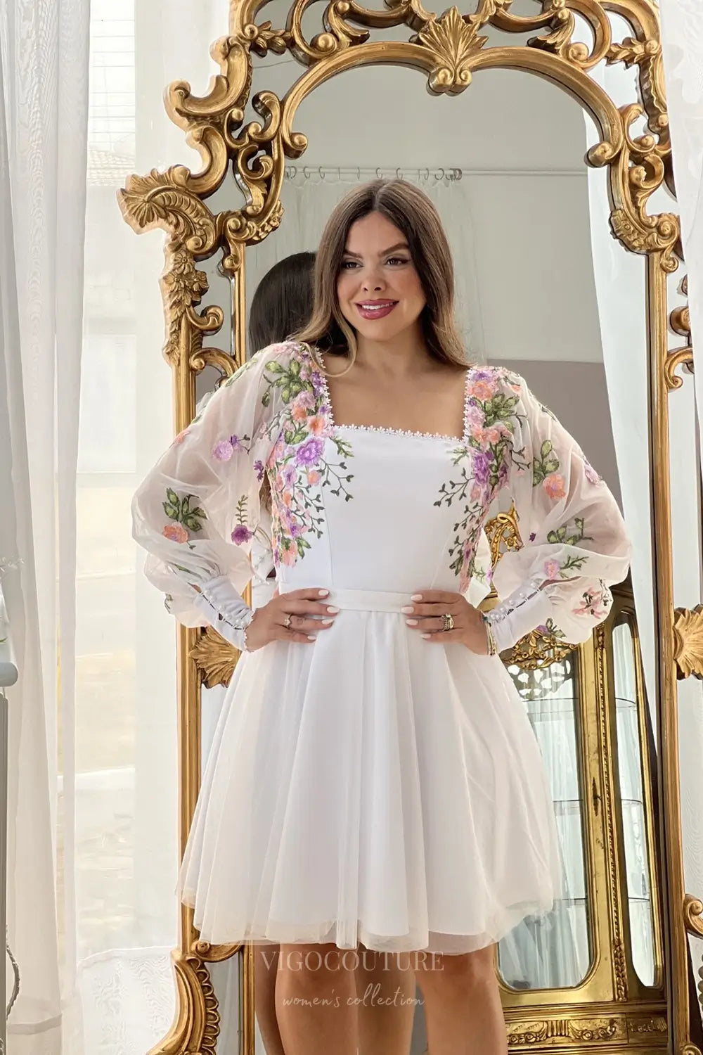 Wedding Dresses 2025 to impress Charming Floral Embroidered Short Wedding Dress with Square Neckline & Sheer Long Sleeves – W2624-vigocouture-vigocouture