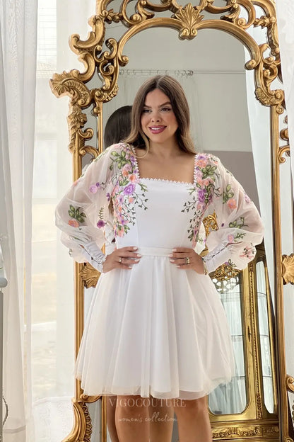 Wedding Dresses 2025 to impress Charming Floral Embroidered Short Wedding Dress with Square Neckline & Sheer Long Sleeves – W2624-vigocouture-vigocouture