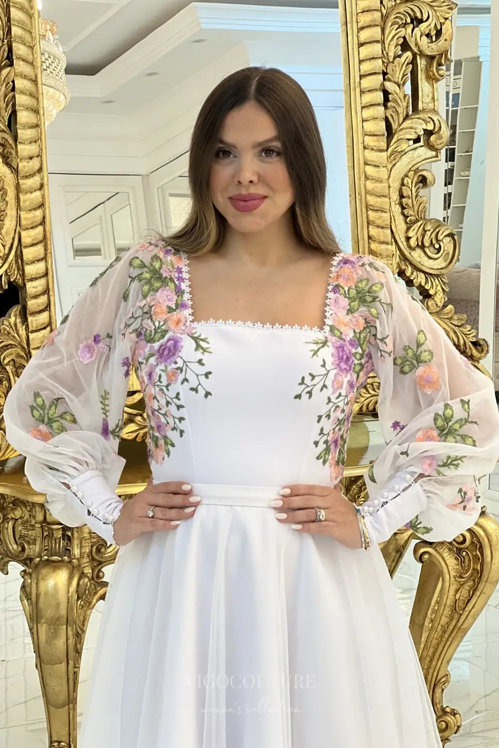 Wedding Dresses 2025 to impress Charming Floral Embroidered Short Wedding Dress with Square Neckline & Sheer Long Sleeves – W2624-vigocouture-vigocouture