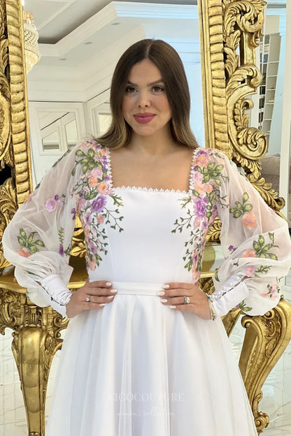 Wedding Dresses 2025 to impress Charming Floral Embroidered Short Wedding Dress with Square Neckline & Sheer Long Sleeves – W2624-vigocouture-vigocouture
