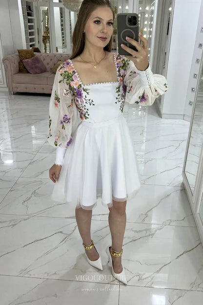 Wedding Dresses 2025 to impress Charming Floral Embroidered Short Wedding Dress with Square Neckline & Sheer Long Sleeves – W2624-vigocouture-vigocouture