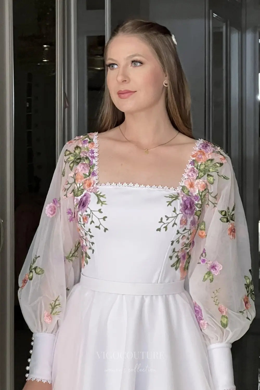 Wedding Dresses 2025 to impress Charming Floral Embroidered Short Wedding Dress with Square Neckline & Sheer Long Sleeves – W2624-vigocouture-vigocouture