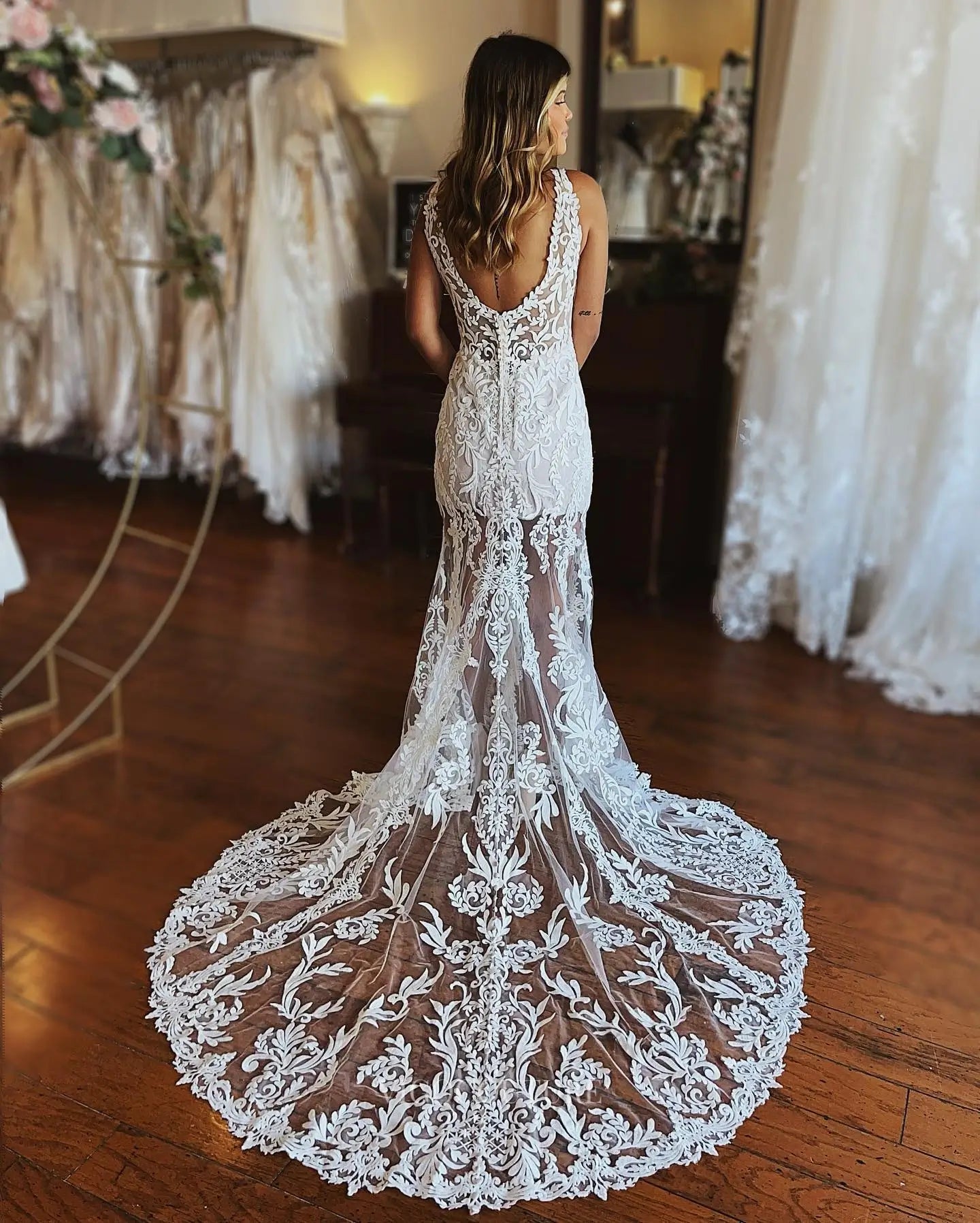 Chic Ivory Lace Mermaid Wedding Dress with Deep V-Neck, Sheer Skirt, Front Slit & Scalloped Train – W2639
