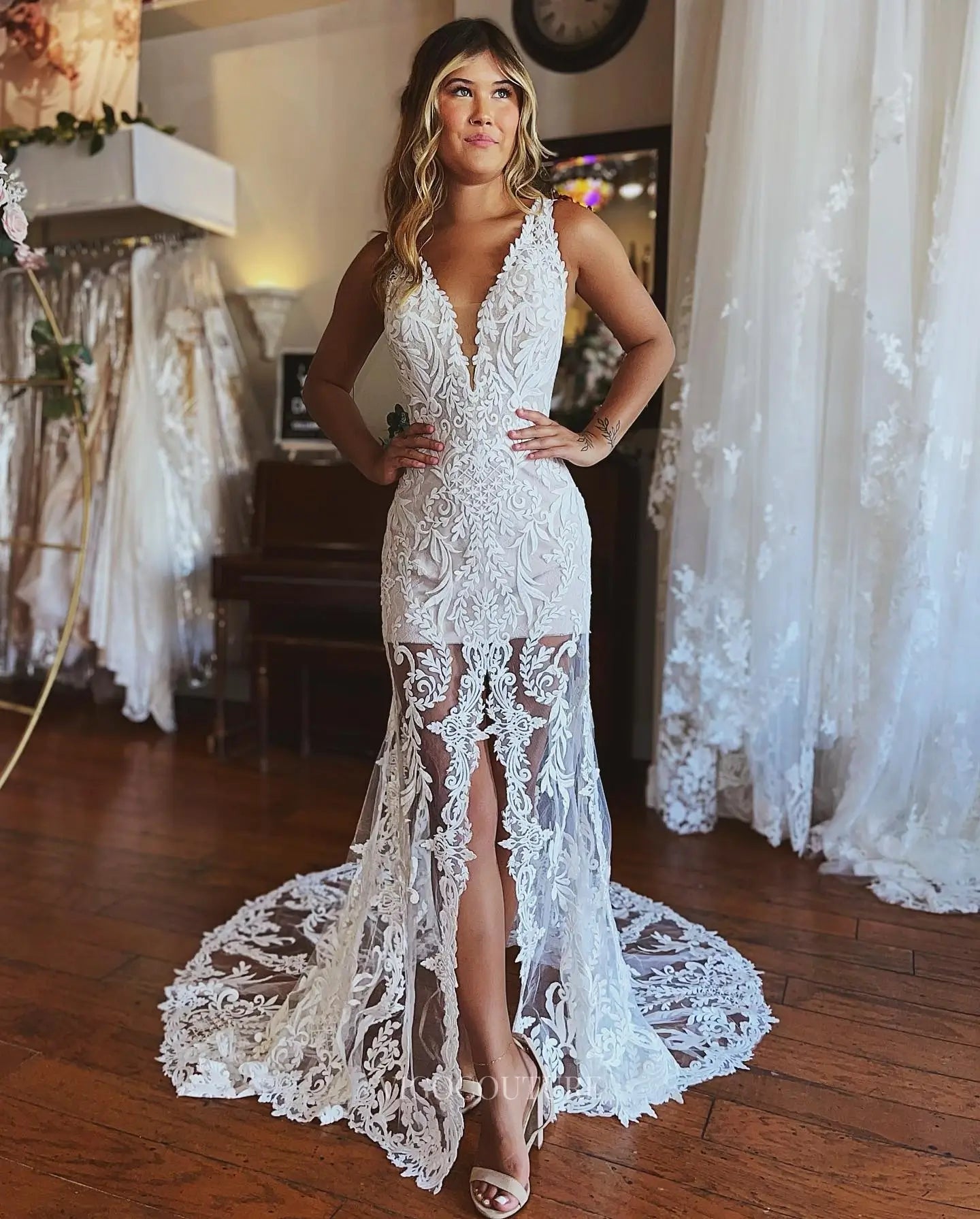 Chic Ivory Lace Mermaid Wedding Dress with Deep V-Neck, Sheer Skirt, Front Slit & Scalloped Train – W2639