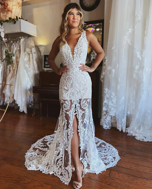Chic Ivory Lace Mermaid Wedding Dress with Deep V-Neck, Sheer Skirt, Front Slit & Scalloped Train – W2639