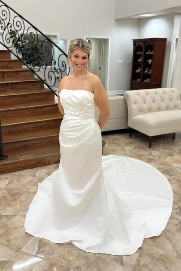 Wedding Dresses 2025 to impress Classic Satin Strapless Ball Gown Wedding Dress with Ruched Bodice & Detachable Overskirt – W2606-vigocouture-vigocouture