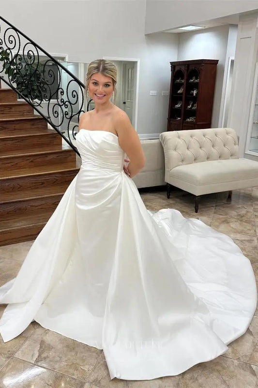 Classic Satin Strapless Ball Gown Wedding Dress with Ruched Bodice & Detachable Overskirt – W2606