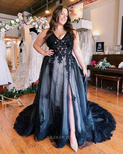 Wedding Dresses 2025 to impress Dramatic Black Lace A-Line Wedding Dress with Sheer Bodice, Long Sleeves & High Slit – W2641-vigocouture-vigocouture