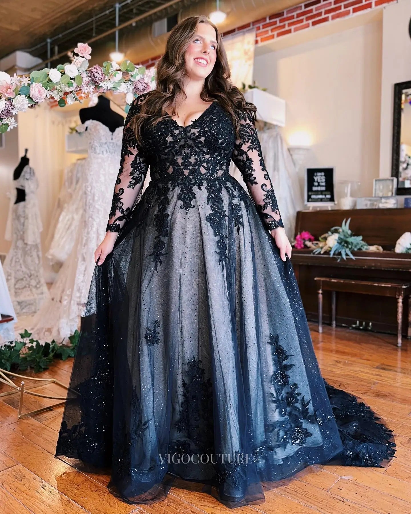 Wedding Dresses 2025 to impress Dramatic Black Lace A-Line Wedding Dress with Sheer Bodice, Long Sleeves & High Slit – W2641-vigocouture-vigocouture
