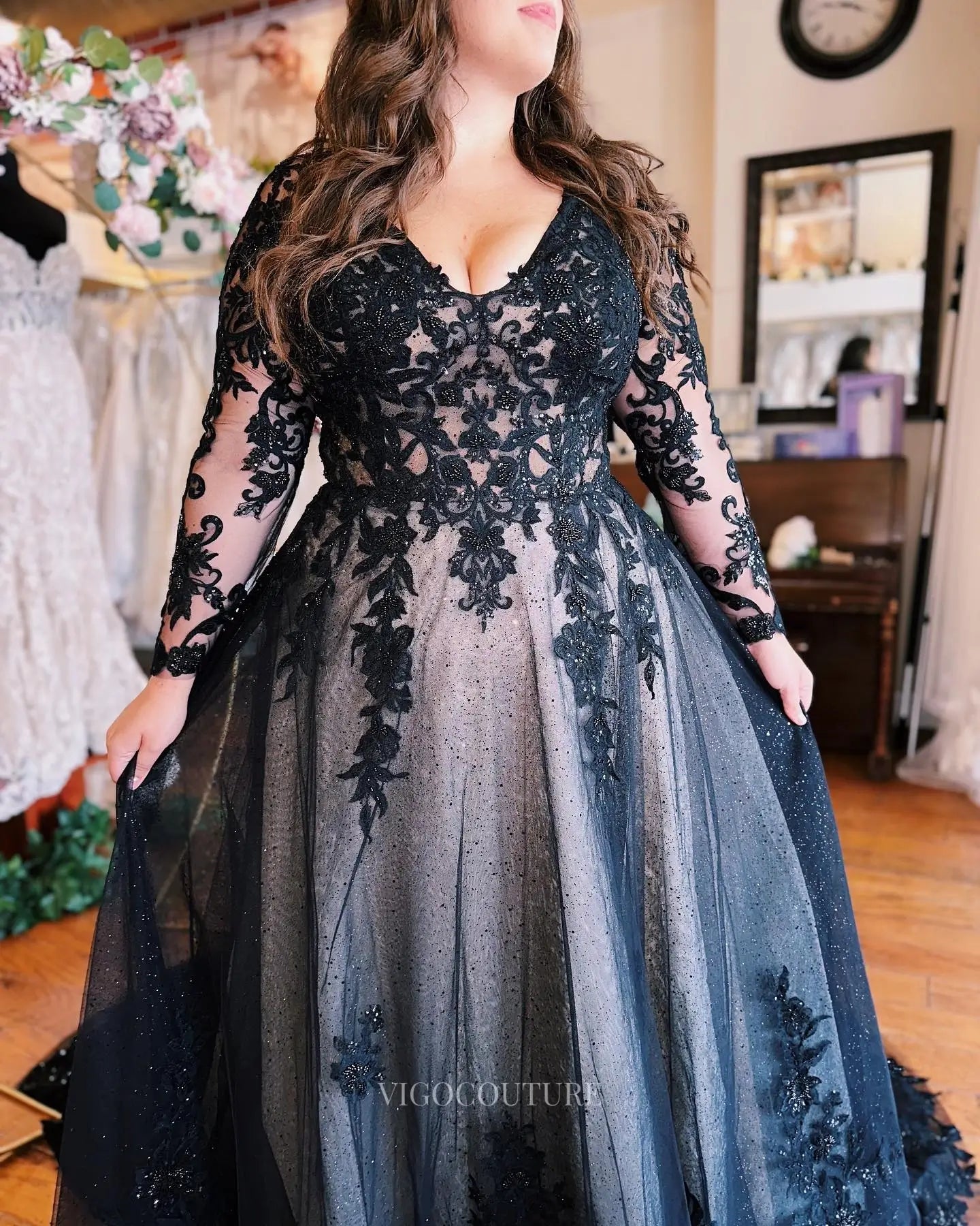 Wedding Dresses 2025 to impress Dramatic Black Lace A-Line Wedding Dress with Sheer Bodice, Long Sleeves & High Slit – W2641-vigocouture-vigocouture