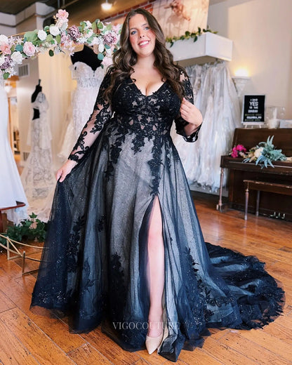 Dramatic Black Lace A-Line Wedding Dress with Sheer Bodice, Long Sleeves & High Slit – W2641