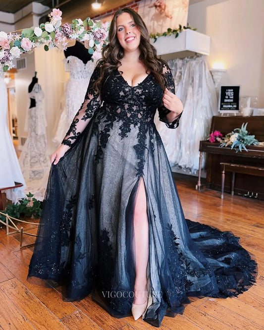 Dramatic Black Lace A-Line Wedding Dress with Sheer Bodice, Long Sleeves & High Slit – W2641