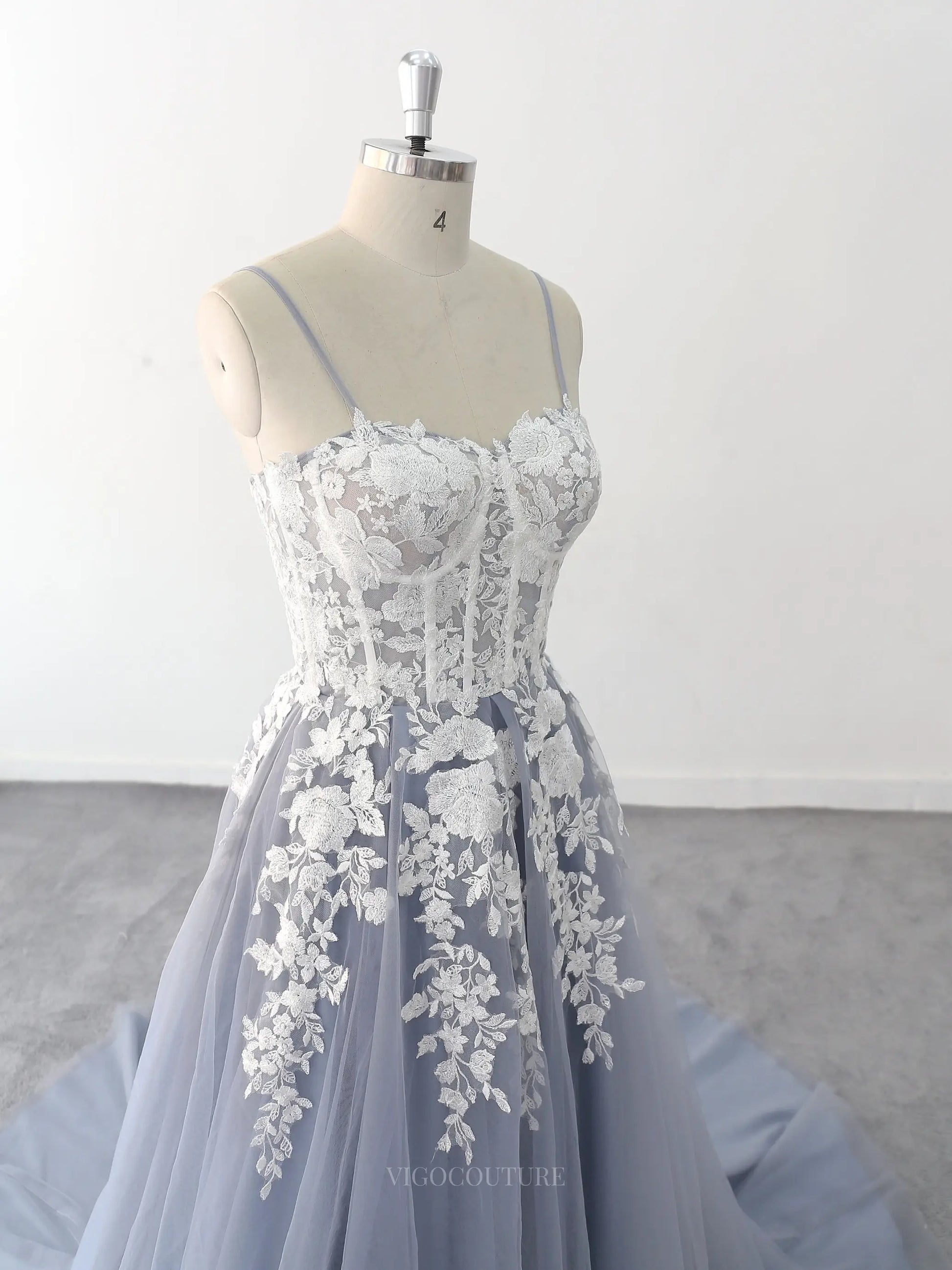 Wedding Dresses 2025 to impress Dusty Blue Lace Tulle Wedding Dresses with Spaghetti Straps & Sheer Boned Bodice - MQ004-vigocouture-vigocouture