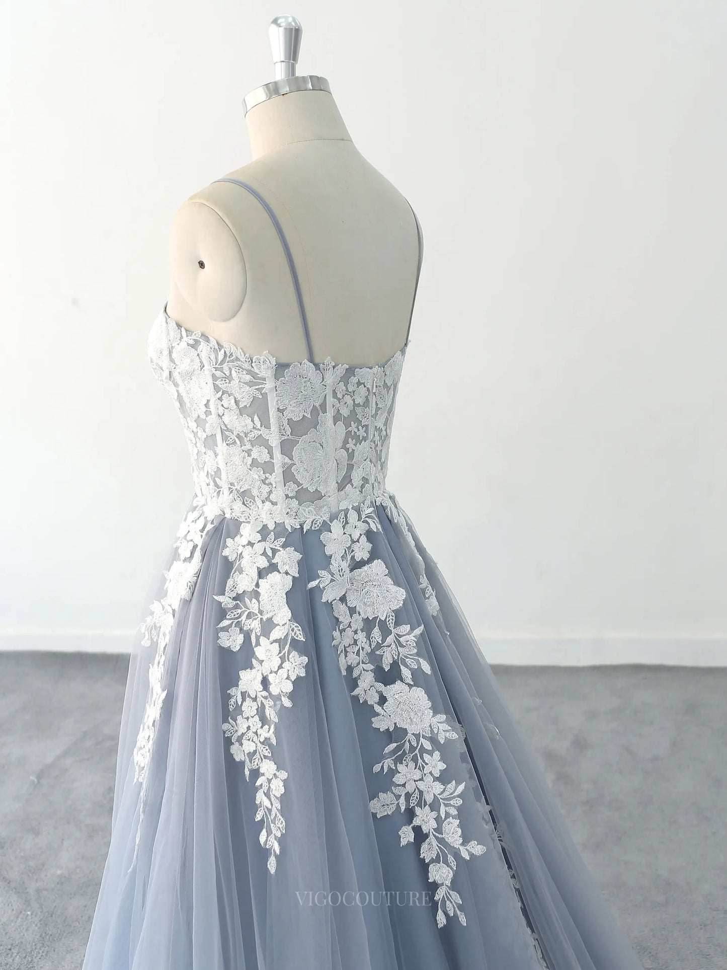 Wedding Dresses 2025 to impress Dusty Blue Lace Tulle Wedding Dresses with Spaghetti Straps & Sheer Boned Bodice - MQ004-vigocouture-vigocouture