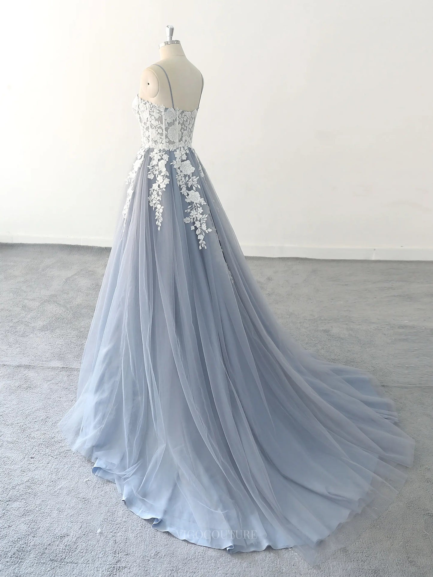 Wedding Dresses 2025 to impress Dusty Blue Lace Tulle Wedding Dresses with Spaghetti Straps & Sheer Boned Bodice - MQ004-vigocouture-vigocouture