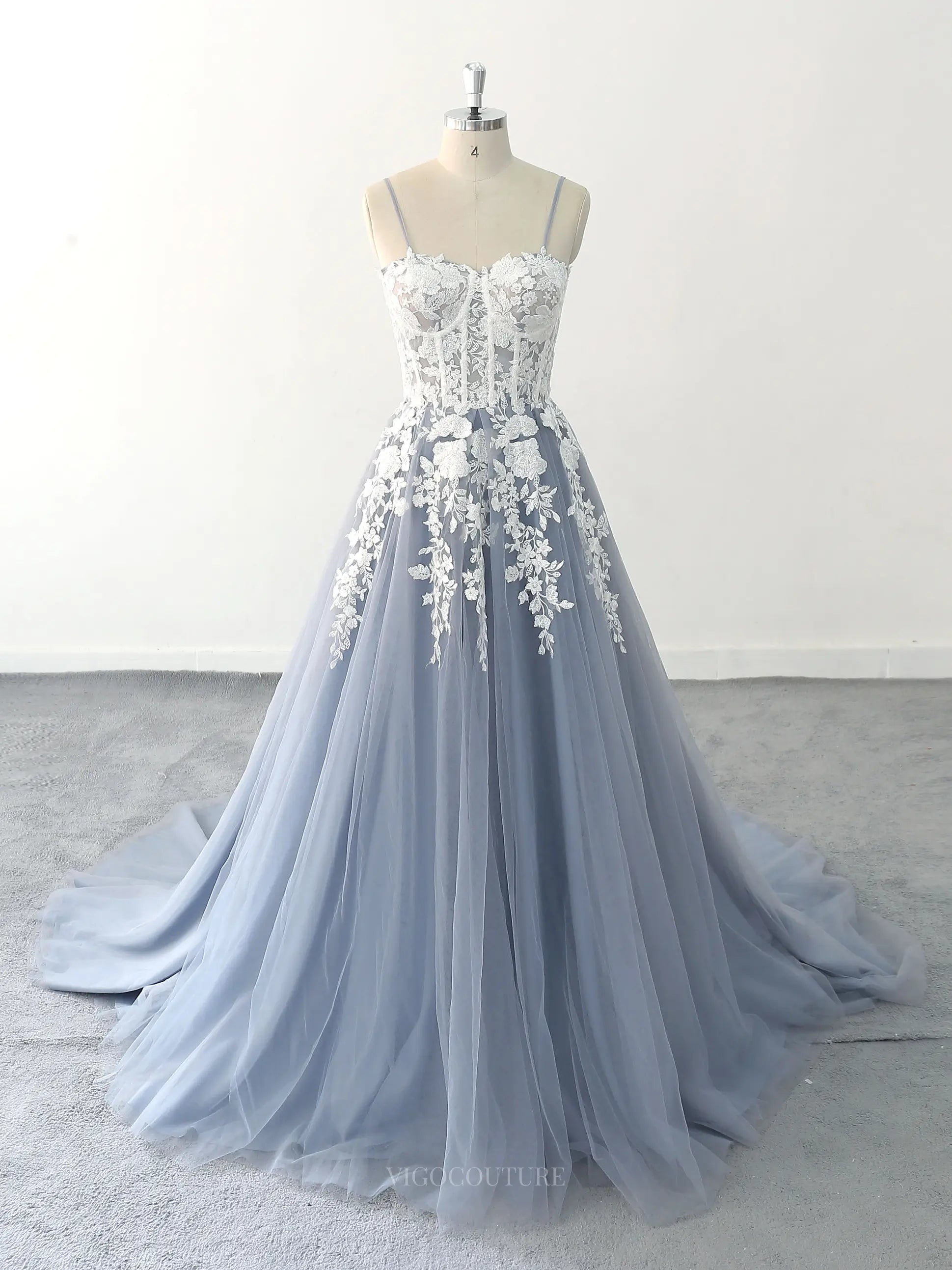 Wedding Dresses 2025 to impress Dusty Blue Lace Tulle Wedding Dresses with Spaghetti Straps & Sheer Boned Bodice - MQ004-vigocouture-Blue-Custom Size-vigocouture