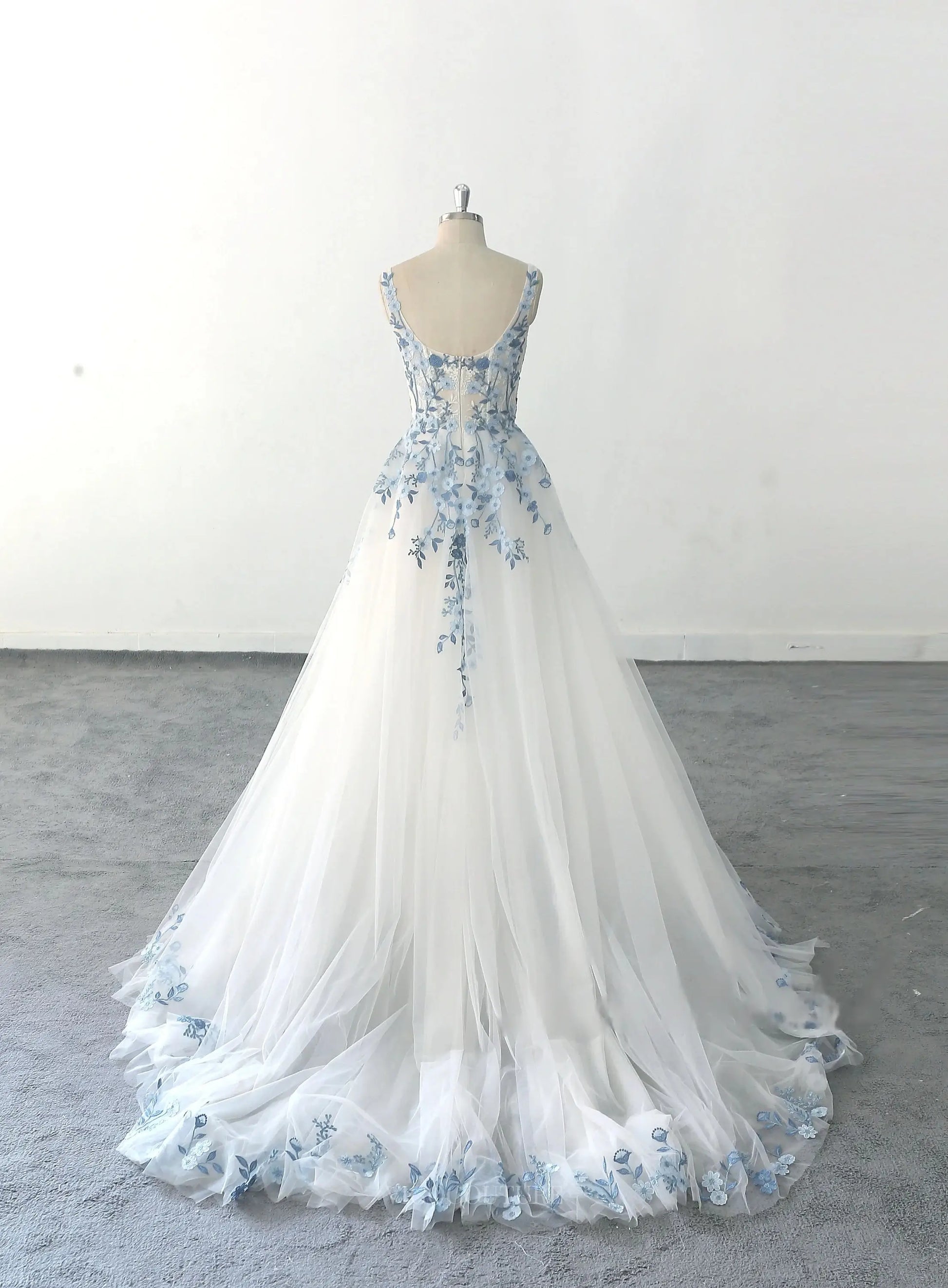 Wedding Dresses 2025 to impress Dusty Blue Lace Tulle Wedding Dresses with Spaghetti Straps, Square Neck & Chapel Train - MQ018-vigocouture-vigocouture