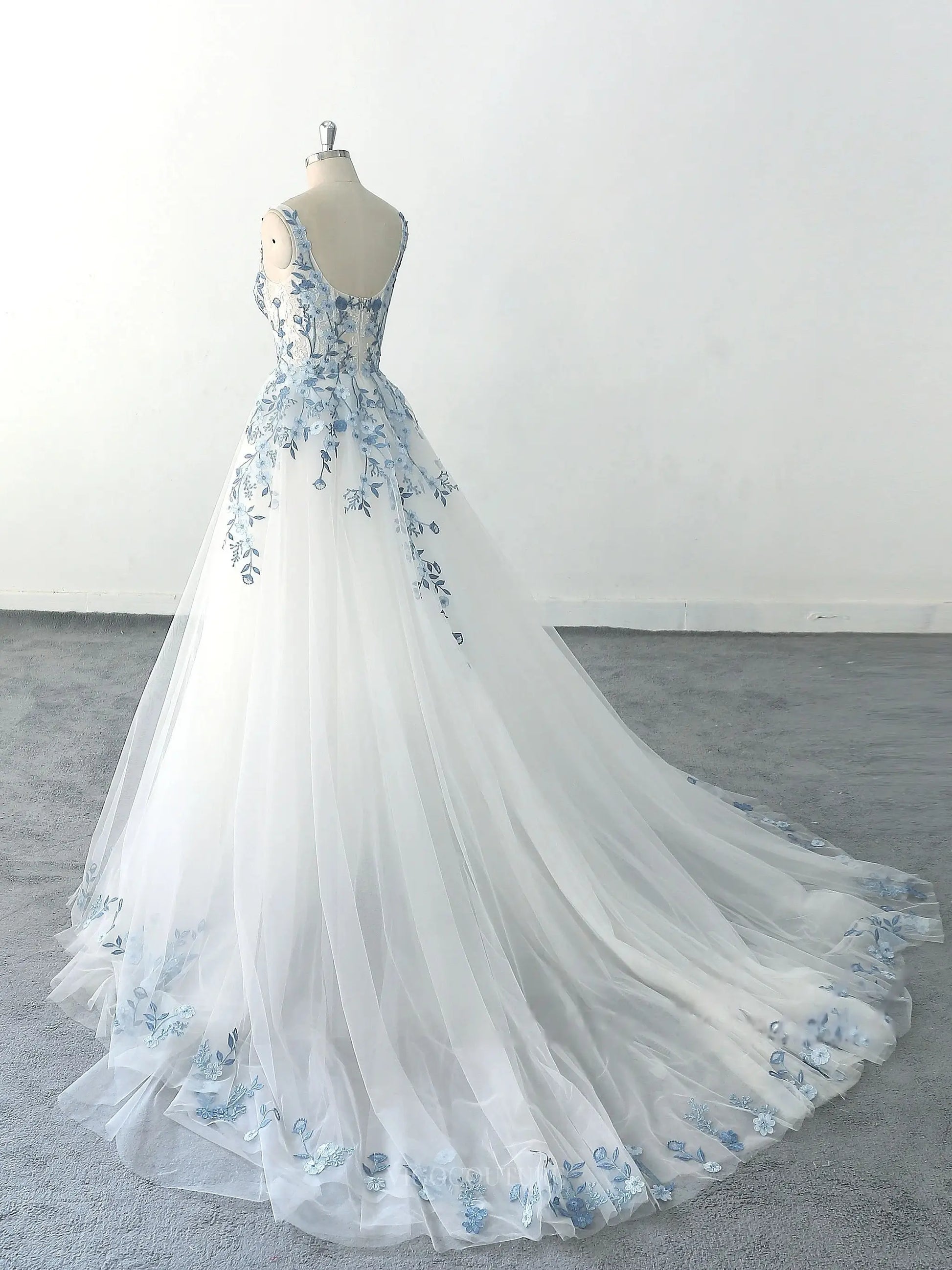 Wedding Dresses 2025 to impress Dusty Blue Lace Tulle Wedding Dresses with Spaghetti Straps, Square Neck & Chapel Train - MQ018-vigocouture-vigocouture