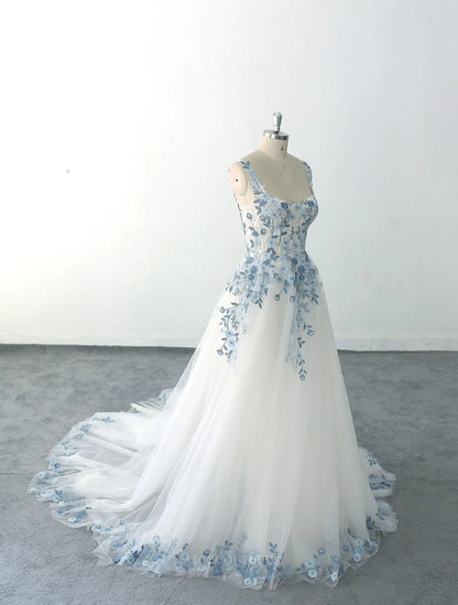 Wedding Dresses 2025 to impress Dusty Blue Lace Tulle Wedding Dresses with Spaghetti Straps, Square Neck & Chapel Train - MQ018-vigocouture-vigocouture