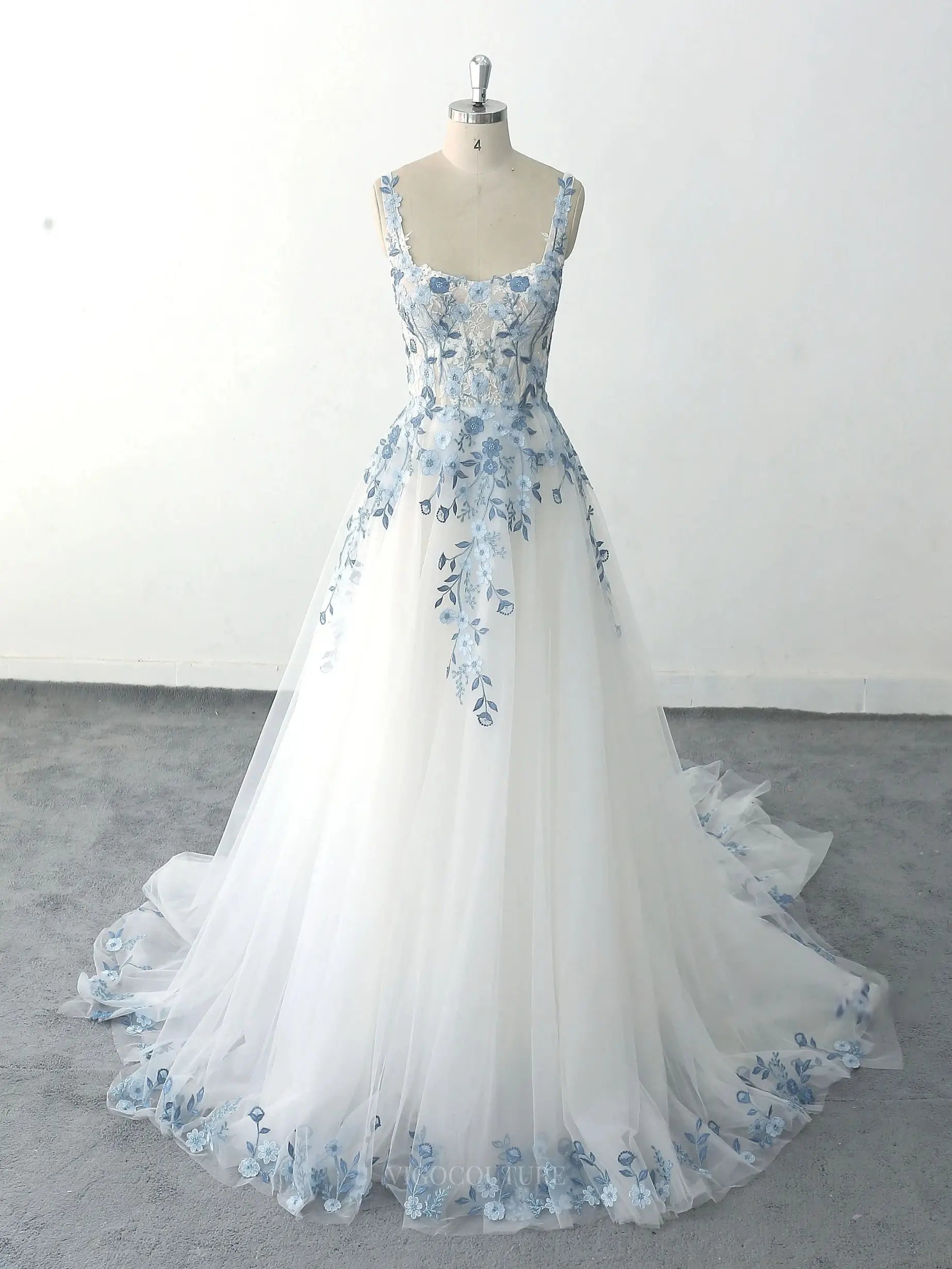 Wedding Dresses 2025 to impress Dusty Blue Lace Tulle Wedding Dresses with Spaghetti Straps, Square Neck & Chapel Train - MQ018-vigocouture-Blue-Custom Size-vigocouture