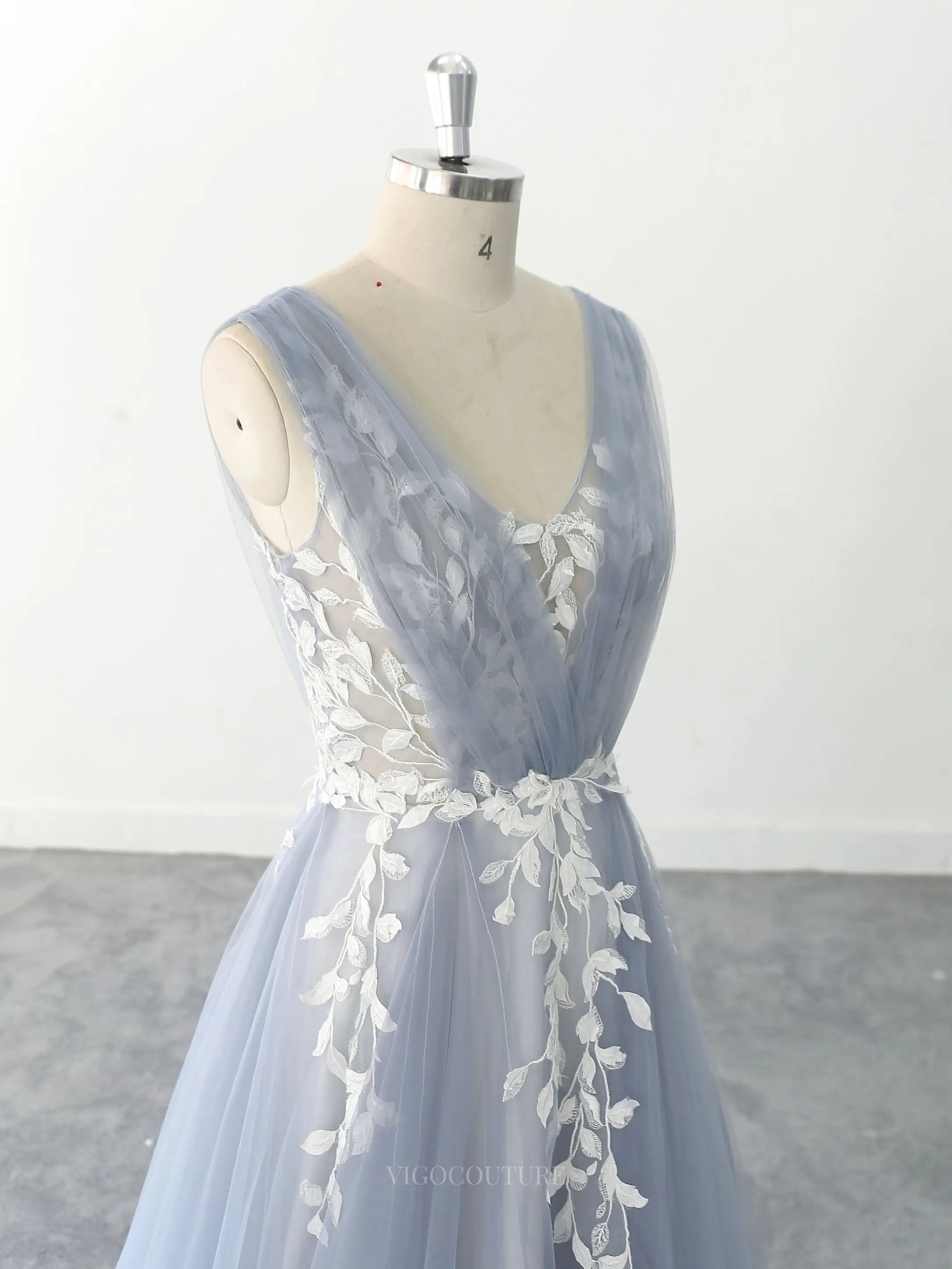Dusty Blue Tulle Lace Wedding Dresses with V-Neck & Open Back - MQ006 Custom Colors / US8 Dusty Blue Tulle Lace Wedding Dresses with V-Neck & Open Back - MQ006 Custom Colors / US8