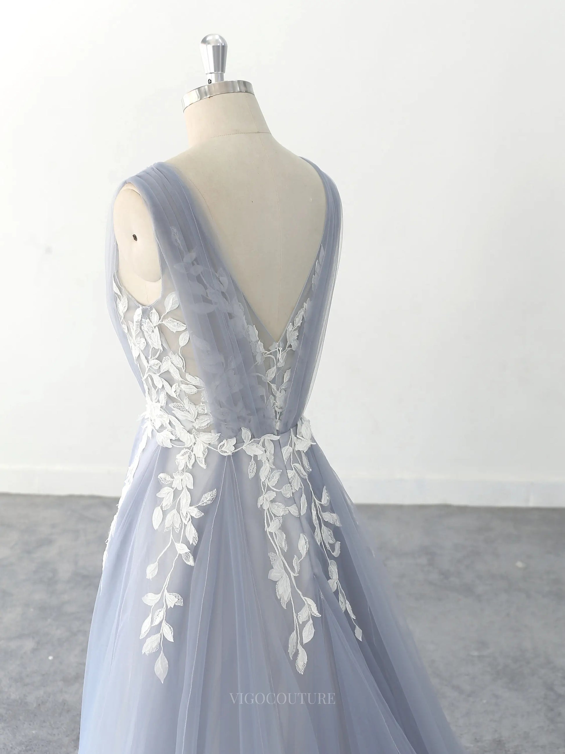 Dusty Blue Tulle Lace Wedding Dresses with V-Neck & Open Back - MQ006 Blue / 16W Dusty Blue Tulle Lace Wedding Dresses with V-Neck & Open Back - MQ006 Blue / 16W