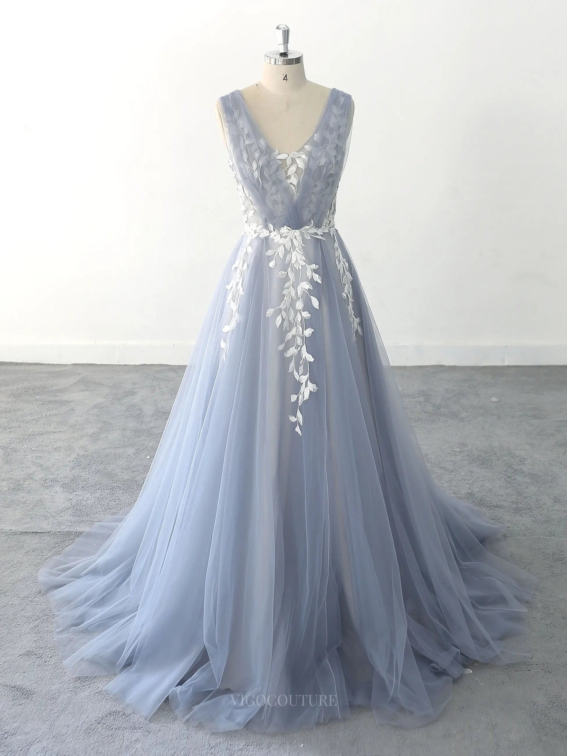 Dusty Blue Tulle Lace Wedding Dresses with V-Neck & Open Back