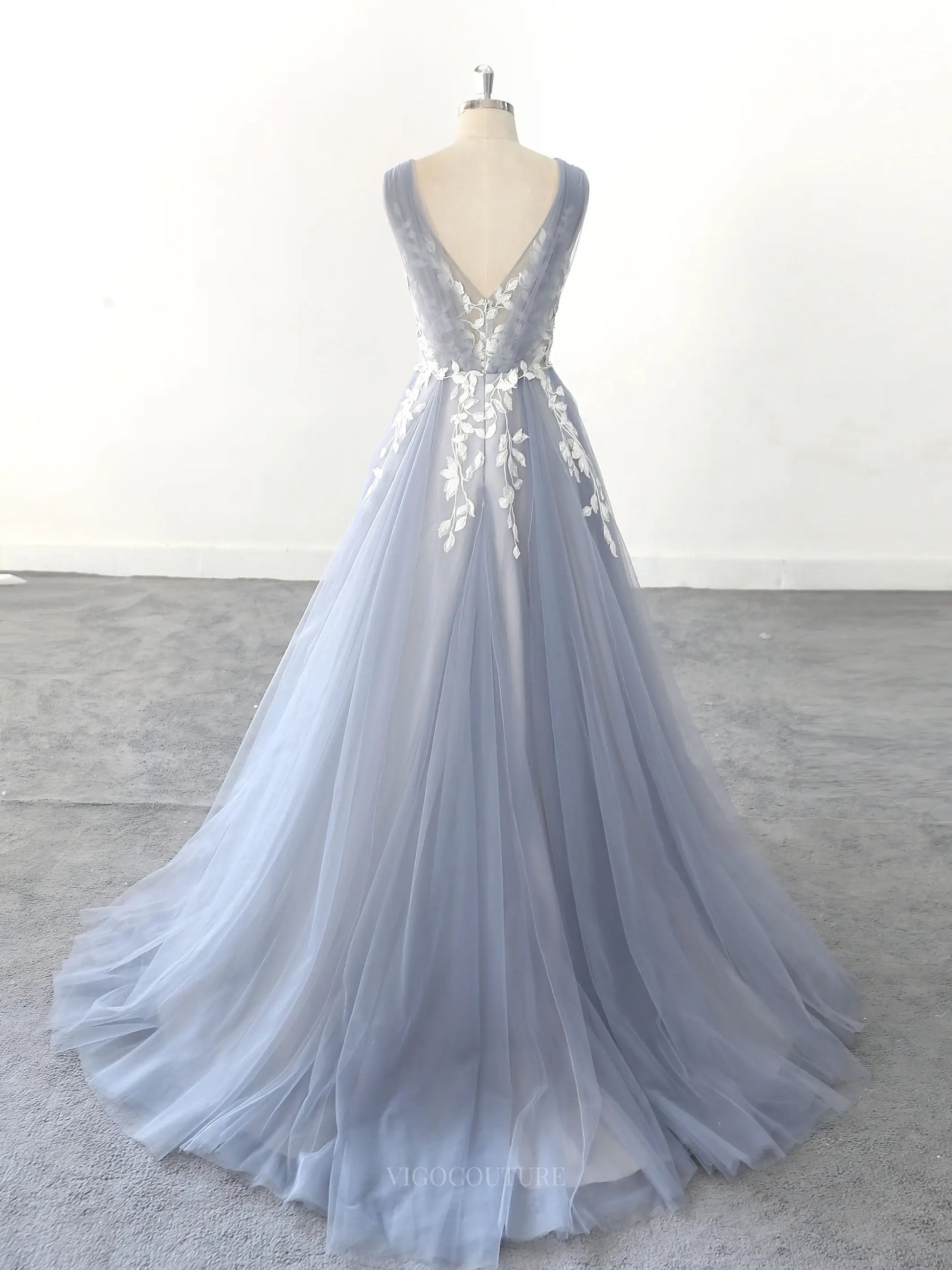 Dusty Blue Tulle Lace Wedding Dresses with V-Neck & Open Back - MQ006 Custom Colors / US8 Dusty Blue Tulle Lace Wedding Dresses with V-Neck & Open Back - MQ006 Custom Colors / US8