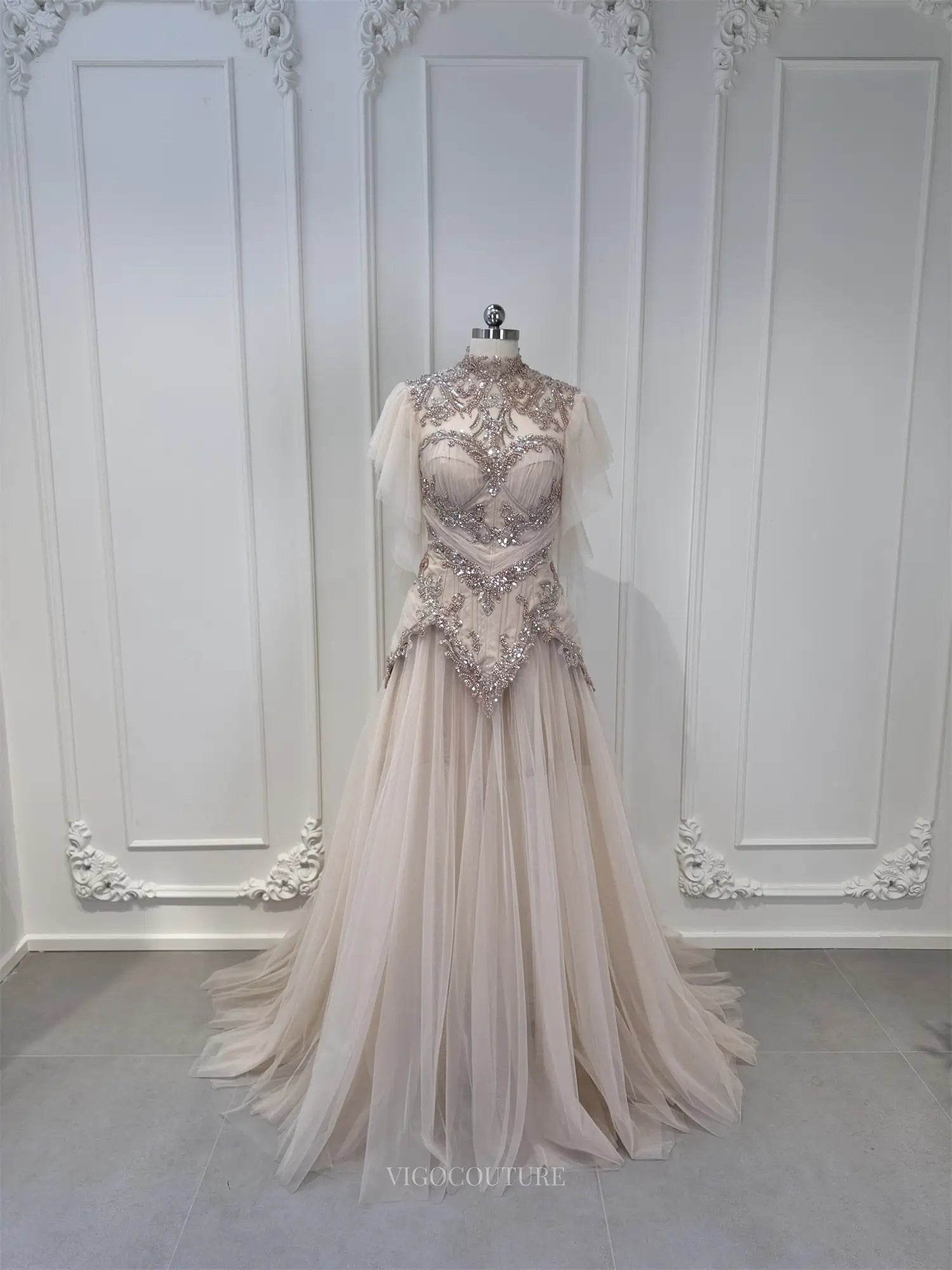 Elara - Champagne Beaded Lace Wedding Dress Champagne / Custom Size Elara - Champagne Beaded Lace Wedding Dress Champagne / Custom Size