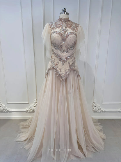 Wedding Dresses 2025 to impress Elara - Champagne Beaded Lace Wedding Dress-vigocouture-Champagne-Custom Size-vigocouture