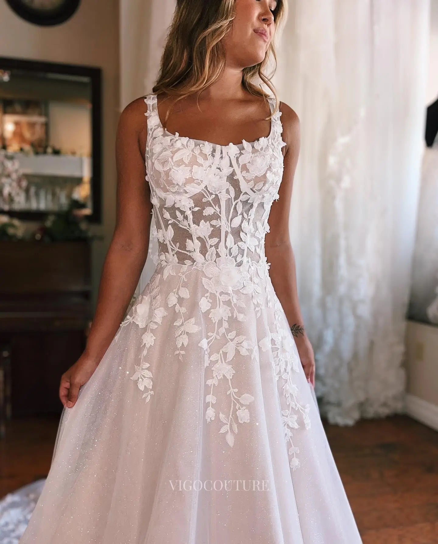 Wedding Dresses 2025 to impress Elegant Floral Lace A-Line Wedding Dress with Sheer Long Sleeves, Sparkly Tulle Skirt & Chapel Train – W2647-vigocouture-vigocouture