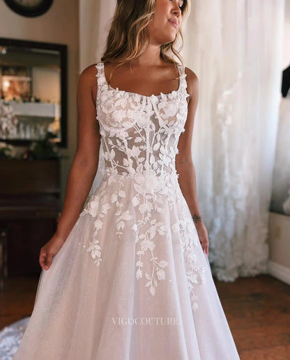 Wedding Dresses 2025 to impress Elegant Floral Lace A-Line Wedding Dress with Sheer Long Sleeves, Sparkly Tulle Skirt & Chapel Train – W2647-vigocouture-vigocouture