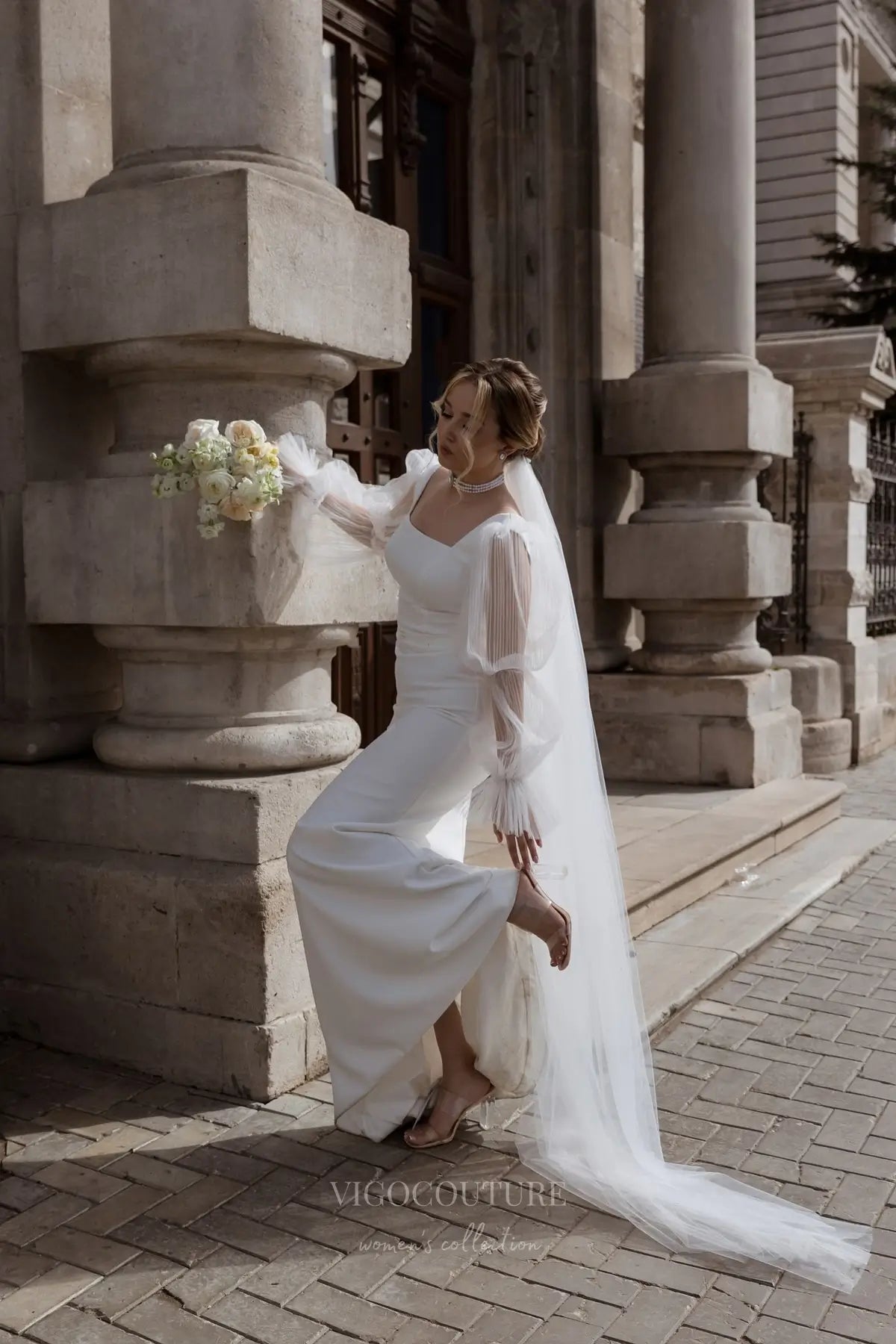 Wedding Dresses 2025 to impress Elegant Ivory Crepe Wedding Dress with Sheer Puff Sleeves, Square Neckline & Open Back – VW2595-vigocouture-vigocouture