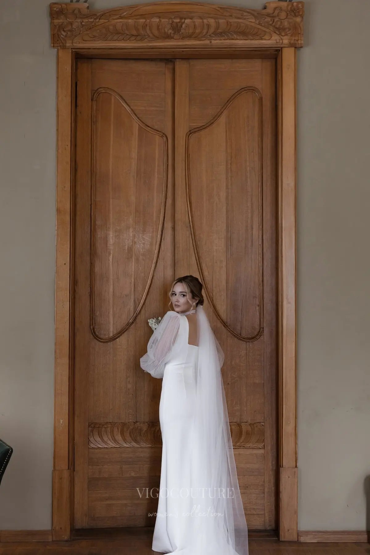 Wedding Dresses 2025 to impress Elegant Ivory Crepe Wedding Dress with Sheer Puff Sleeves, Square Neckline & Open Back – VW2595-vigocouture-vigocouture