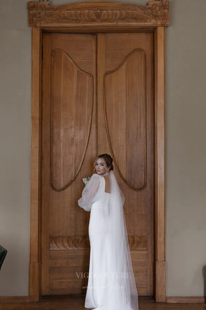 Wedding Dresses 2025 to impress Elegant Ivory Crepe Wedding Dress with Sheer Puff Sleeves, Square Neckline & Open Back – VW2595-vigocouture-vigocouture